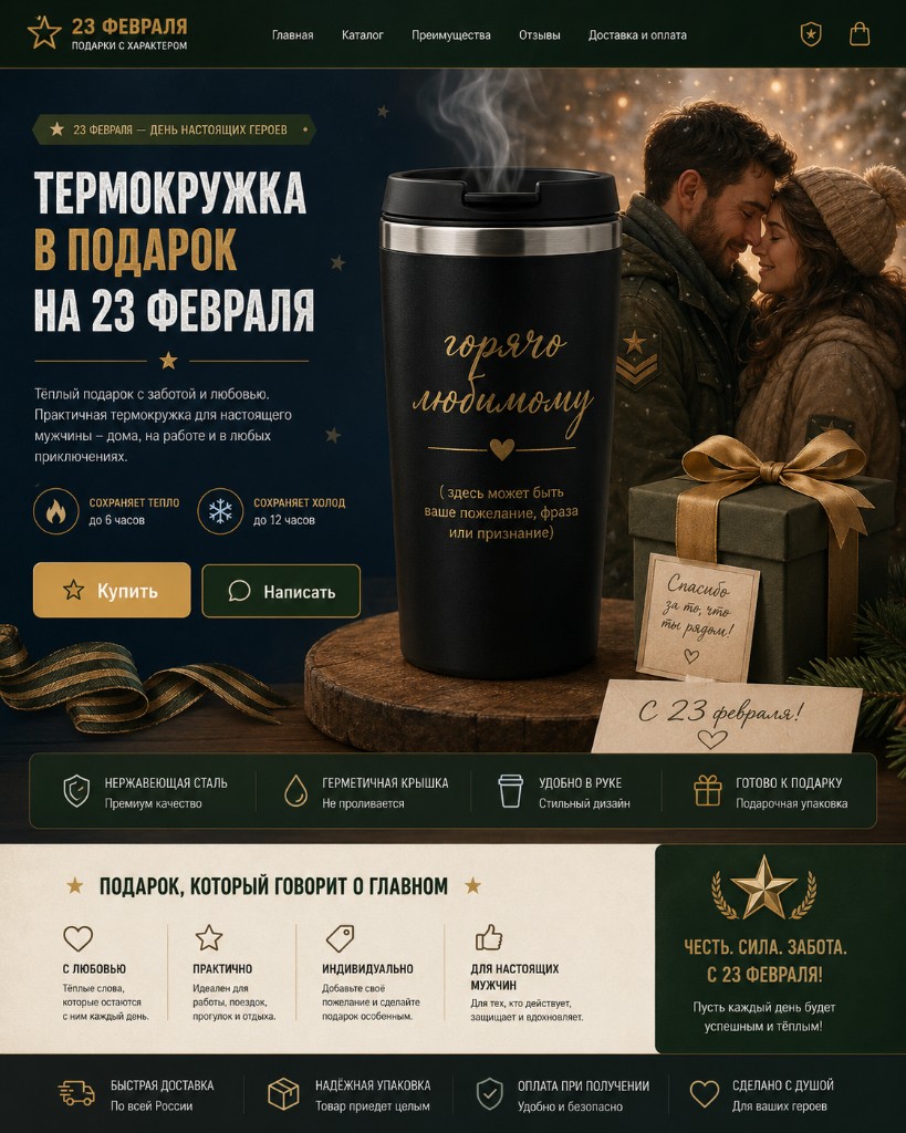 Промо-лендинг термокружки к 23 февраля — скриншот первого экрана
